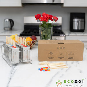 Ecozoi Stainless Steel Popsicle Molds, 14 Piece Set with Standing Rack, 50 Bamboo Sticks, 28 Silicone Seals, Cleaning Brush, 3 Ounce
