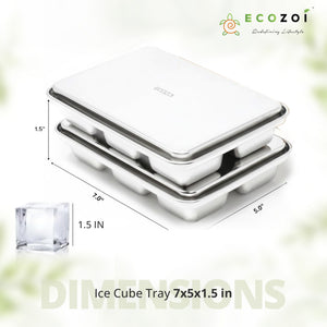 Ecozoi Stainless Steel Ice Trays for Freezer, Rectangular Shape 12 Large Cubes with Lid, 2 Pack - Ecozoi