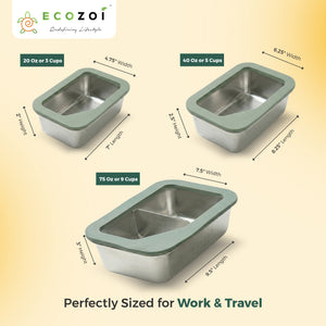 Ecozoi Stainless Steel Bento Box for Kids and Adults, 3 Piece Set, Stackable and Leak Proof, Microwave Safe