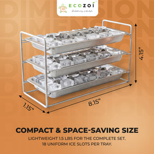 Ecozoi Old Fashioned Ice Cube Trays with Easy Release Handle, 3 Pack with Rack, Stainless Steel - Ecozoi