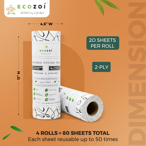 Bamboo Kitchen Paper Towels, Reusable Tree-Free Rolls with Black Design, 4 Pack - Ecozoi