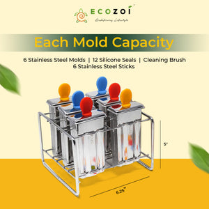 Ecozoi Stainless Steel Ice Pop Molds and Rack, Ice Cream Molds with Reusable Stainless Steel Sticks