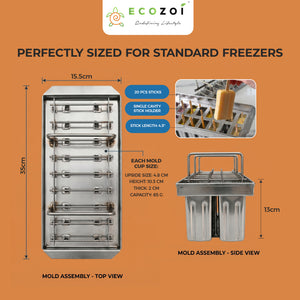 Ecozoi Stainless Steel Popsicle Molds with Sticks, Reusable, Bamboo, 50 Count, 20 Square