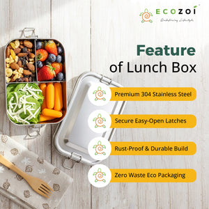 Ecozoi Stainless Steel Bento Lunch Box, 3 Compartment Tiffin Containers, Leakproof, 50 Oz