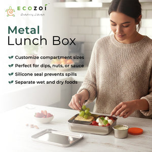 Stainless Steel 2-Tier Leak-Proof Bento Lunch Box, 3 Compartments, 60 oz - Ecozoi