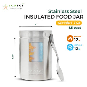 Ecozoi Stainless Steel Thermos Food Jar, Insulated Container with Spork and Lunch Bag, 12 oz - Ecozoi
