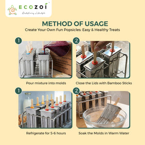 Ecozoi Stainless Steel Popsicle Molds with Sticks, Reusable, Bamboo, 50 Count, 10 Square