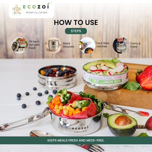 Ecozoi Stainless Steel Lunch Box for School and Office, 3 Tier Round with Spork, Leakproof, 40 Oz