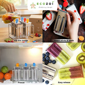 Ecozoi Stainless Steel Ice Pop Molds and Rack, Ice Cream Molds with Reusable Stainless Steel Sticks