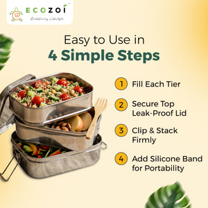 Ecozoi Stainless Steel Bento Lunch Box for Kids and Adults, 3 Compartment, 3 Tier Leak Proof, 75 oz - Ecozoi