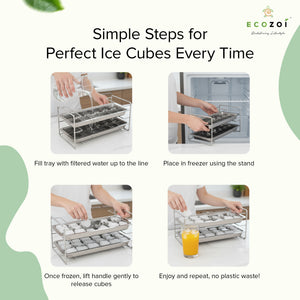 Ecozoi Old Fashioned Ice Cube Trays with Easy Release Handle, 2 Pack with Rack, Stainless Steel