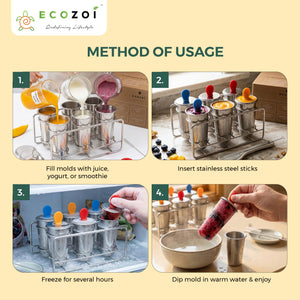 Ecozoi Stainless Steel Ice Pop Molds and Rack, Ice Cream Molds and Rounds with Reusable Stainless Steel Sticks