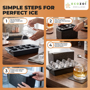 Ecozoi Clear Ice Cube Maker – Stainless Steel & Silicone Tray for 8 Large 2-Inch Whiskey Ice Cubes