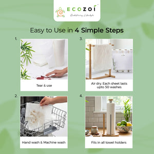 Ecozoi Bamboo Kitchen Paper, Reusable Paper Towels & Rolls, Tree-Free, 4-Pack
