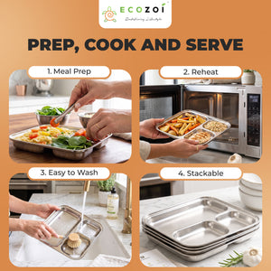 Stainless Steel Dinner Plates, Reusable, 3 Compartments, 2 Pack