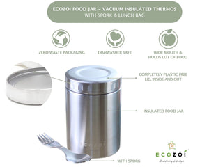 Ecozoi - Eco-friendly, Vacuum-insulated 17 oz stainless steel food jar with leak-proof lid, spork & canvas lunch bag