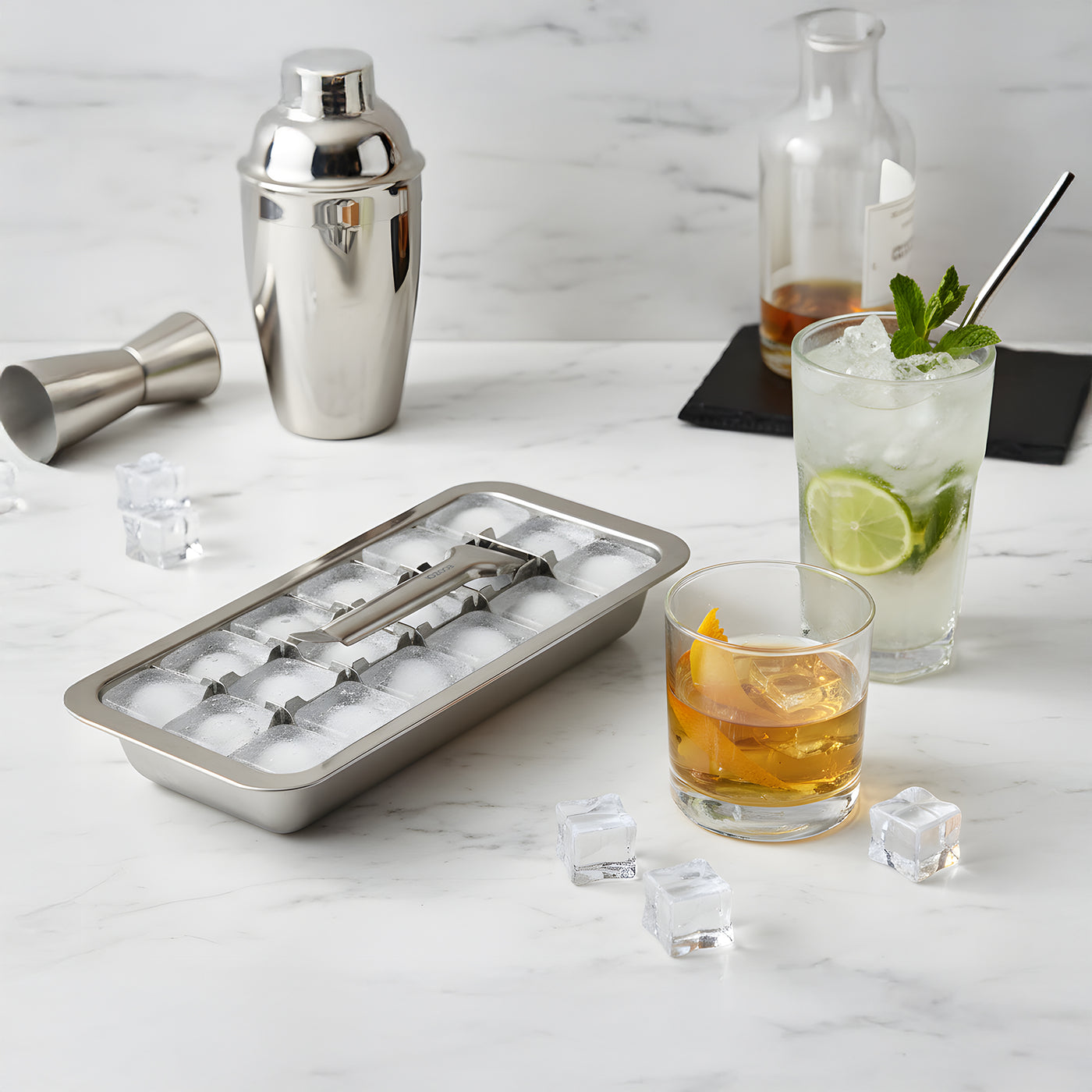 Stainless Steel Ice Cube Trays with Easy Release Handle, 4 Pack with Racks