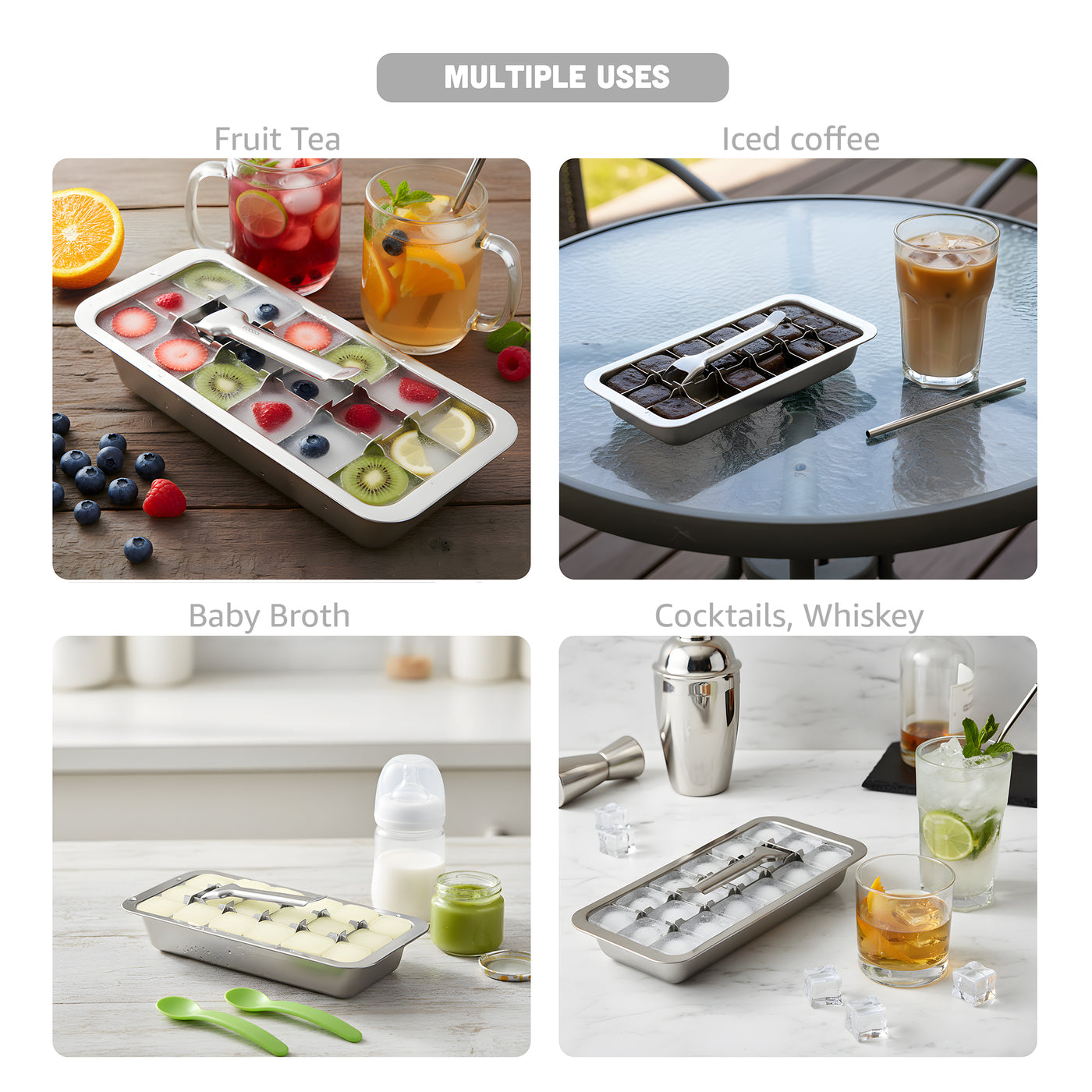 Stainless Steel Ice Cube Trays with Easy Release Handle, 4 Pack with Racks