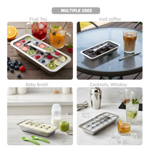 Ice cube tray with various uses including fruit tea, iced coffee, baby broth, and cocktails on a white background.