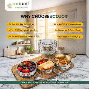 Ecozoi Stainless Steel Lunch Box for School and Office, 3 Tier Round with Spork, Leakproof, 40 Oz