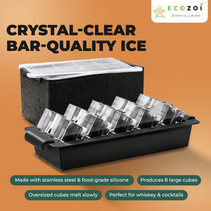 Ecozoi Clear Ice Cube Maker – Stainless Steel & Silicone Tray for 8 Large 2-Inch Whiskey Ice Cubes