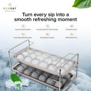 Ecozoi Old Fashioned Ice Cube Trays with Easy Release Handle, 2 Pack with Rack, Stainless Steel