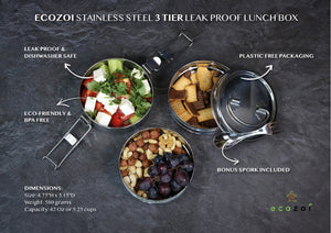 Ecozoi - Eco-friendly, stackable, 3 Tier stainless steel leak-proof lunch box, 40 oz, red silicone seals, nested spork.