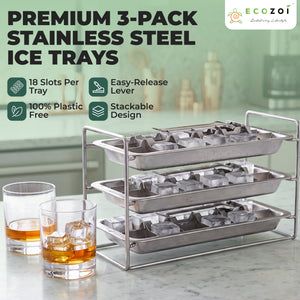 Ecozoi Old Fashioned Ice Cube Trays with Easy Release Handle, 3 Pack with Rack, Stainless Steel - Ecozoi
