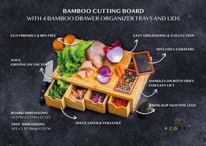 Ecozoi - eco-friendly, 100% Bamboo cutting board with four organizing drawers & two metal graters, 15.75” x 10” x 3.75” area