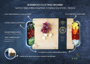 Ecozoi - eco-friendly, large 100% bamboo cutting board with 2 sliding stainless steel organizing trays, water-resistant