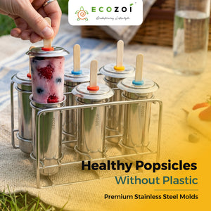 Ecozoi Stainless Steel Popsicle Molds with Sticks, Round & Reusable, Bamboo, Ice Cream Bars