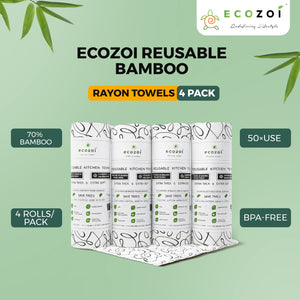 Bamboo Kitchen Paper Towels, Reusable Tree-Free Rolls with Black Design, 4 Pack - Ecozoi