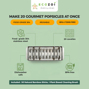 Ecozoi Stainless Steel Popsicle Molds with Sticks, Reusable, Bamboo, 50 Count, 20 Square