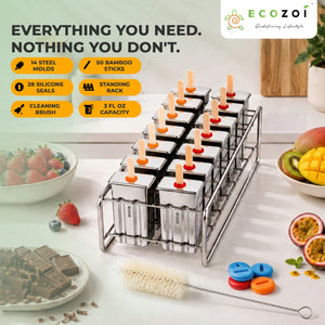 Ecozoi Stainless Steel Popsicle Molds, 14 Piece Set with Standing Rack, 50 Bamboo Sticks, 28 Silicone Seals, Cleaning Brush, 3 Ounce