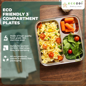 Stainless Steel Dinner Plates, Reusable, 3 Compartments, 2 Pack
