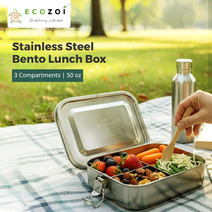 Ecozoi Stainless Steel Bento Lunch Box, 3 Compartment Tiffin Containers, Leakproof, 50 Oz