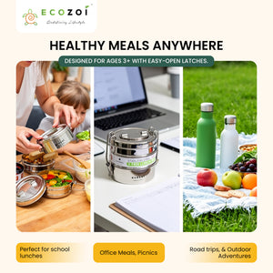 Ecozoi Stainless Steel Lunch Box for School and Office, 3 Tier Round with Spork, Leakproof, 40 Oz