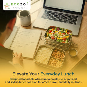 Ecozoi Stainless Steel Bento Lunch Box for Kids and Adults, 3 Compartment, 3 Tier Leak Proof, 75 oz - Ecozoi
