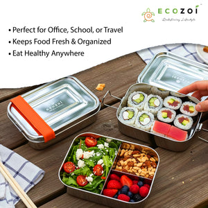 Stainless Steel 2-Tier Leak-Proof Bento Lunch Box, 3 Compartments, 60 oz - Ecozoi