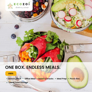 Ecozoi Stainless Steel Lunch Box for School and Office, 3 Tier Round with Spork, Leakproof, 40 Oz