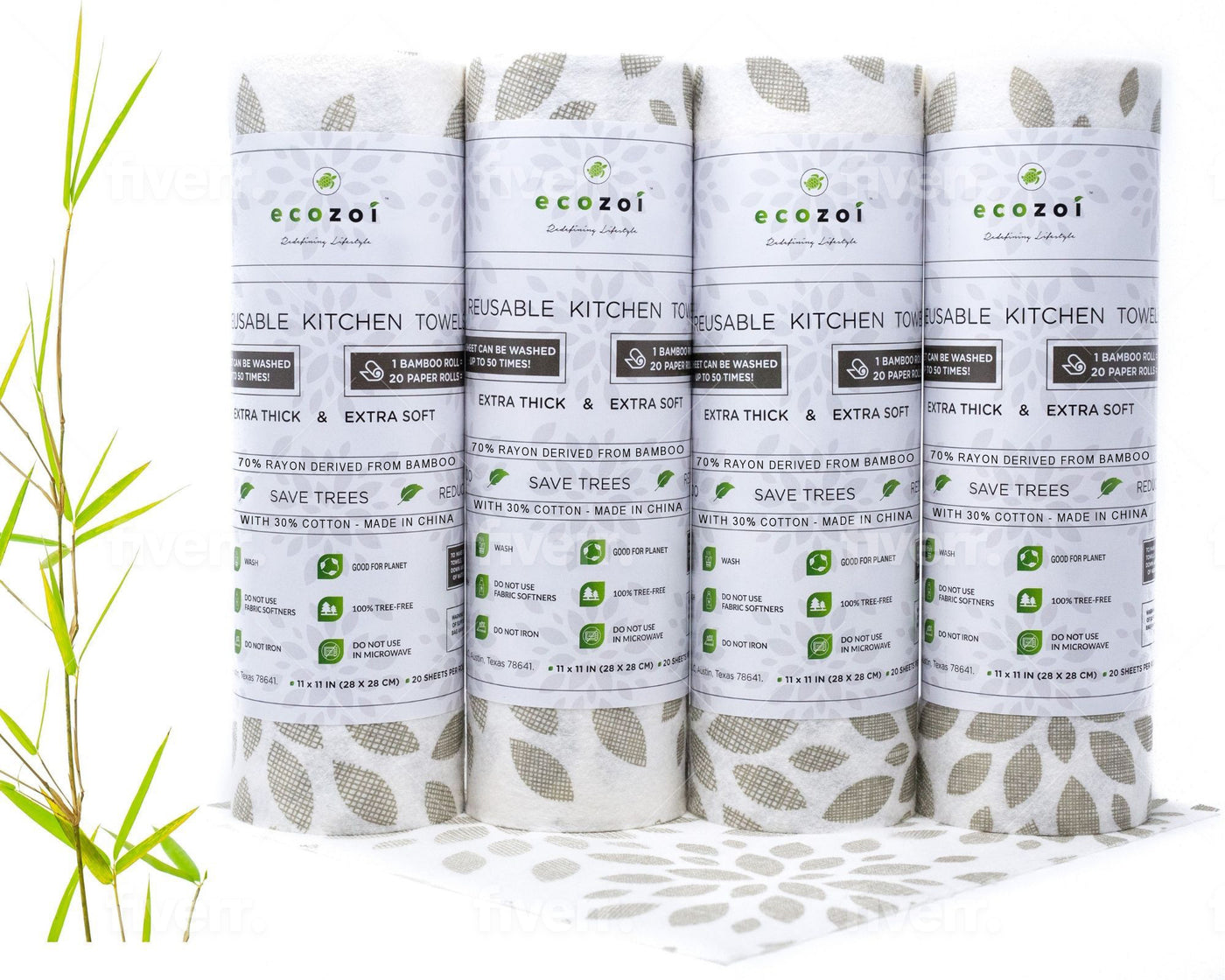 Bamboo Kitchen Paper Towels, Reusable Tree-Free Rolls with Design, 4 Pack