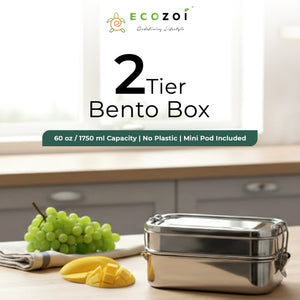 Stainless Steel 2-Tier Leak-Proof Bento Lunch Box, 3 Compartments, 60 oz - Ecozoi