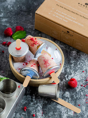 Ecozoi - Eco-friendly, 6 Mini Round Stainless Steel Popsicle Molds, 6 Reusable Bamboo Sticks, 6 Silicone Gaskets, BPA-free