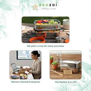 Stainless Steel 2-Tier Leak-Proof Bento Lunch Box, 3 Compartments, 60 oz - Ecozoi