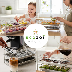 Ecozoi Old Fashioned Ice Cube Trays with Easy Release Handle, 2 Pack with Rack, Stainless Steel