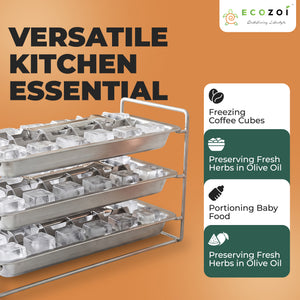 Ecozoi Old Fashioned Ice Cube Trays with Easy Release Handle, 3 Pack with Rack, Stainless Steel - Ecozoi