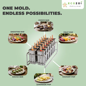 Ecozoi Stainless Steel Popsicle Molds, 14 Piece Set with Standing Rack, 50 Bamboo Sticks, 28 Silicone Seals, Cleaning Brush, 3 Ounce