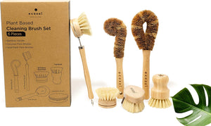 Ecozoi - Eco-friendly, Six-piece 100% plant-based kitchen & vegetable cleaning brush set with bamboo handles, Reusable & Compostable