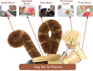 Ecozoi - Eco-friendly, Six-piece 100% plant-based kitchen & vegetable cleaning brush set with bamboo handles, Reusable & Compostable