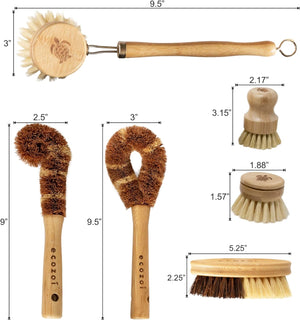 Ecozoi - Eco-friendly, Six-piece 100% plant-based kitchen & vegetable cleaning brush set with bamboo handles, Reusable & Compostable